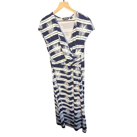 Lands End Womens Navy & White Palm Striped Wrap Maxi Dress L/P - Picture 2 of 5